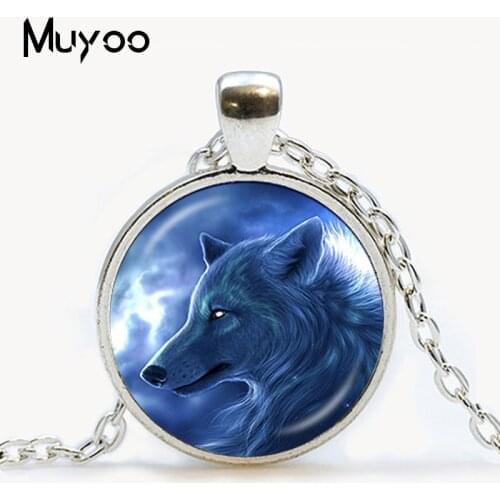 Vintage necklace black wolf with red eye pendant statement necklace art photo glass cabochon animal necklace for menwomen