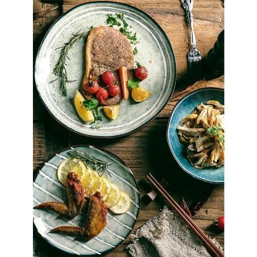 Japanese Ceramic Underglaze Dinnerware Striped Rice Soup Noodle Bowl Western steak dishes Fish Plate Mug Household tableware
