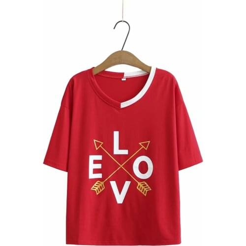 Plus size V-neck cotton letter print women losse short sleeve tshirts 2021 new summer casual red white lady t shirts female top