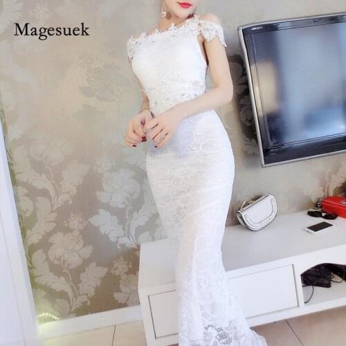 Summer Lace Long Dress for Women Elegant 2021 White Wedding Party Dress Slash Neck Trumpet Ladies Bodycon Dress Vestidos 9401