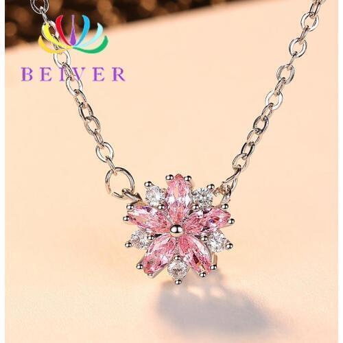 Beiver Pink Zircon White Gold Color Cherry Blossoms Necklace for Women 2019 New Fashion Wedding Jewelry Best Gifts For Girl