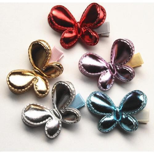 20pcs/lot PU Leather Hair Clips Animals Double Layer Butterfly Hairpin Kid Handmade Girls Gold Felt Headwear Hotsale Accessories