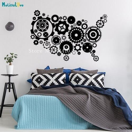 America Vinyl Wall Decal Map Gears Office Art Stickers Home Decor Living Room Office Modern Design Removable Art Murals YT759