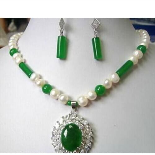 Free Shipping Real White Pearl Green 18KWGP Crystal Pendant Necklace Earrings Set