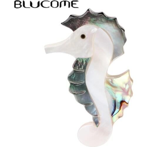 Blucome Vivid Hippocampus Shape Brooch Pins Natural Abalone Shell Brooches For Women Men Girls Gift Scarf Buckle