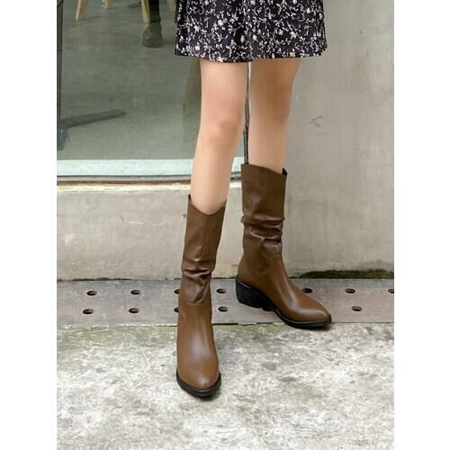 EshtonShero Winter Shoes Woman Leather Slip On Mid-Calf High Heels Round Toe Platform Black Casual Pleated Riding Boots Size 3-9