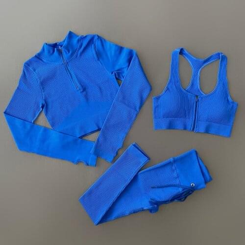 2/3Pcs Womens Tracksuit Seamless Ribbed Yoga Set Fitness Long Sleeve Shirts Crop Top Sport Bra High Waist Leggings Gym Clothing