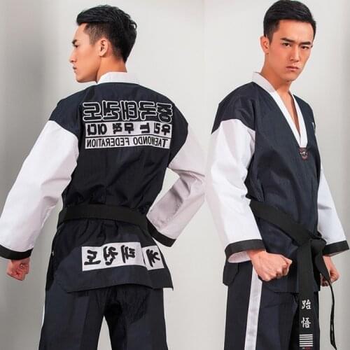 Martial Arts TKD Tae Kwon Do Korea V-neck Adult Taekwondo Dobok for Poomsae & Training,WTF Uniform,160-190cm black+red