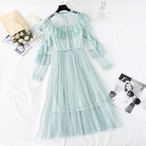 Lace Floral Dress 2020 New Women Spring Autumn Lotus leaf collar Long Sleeves Midi Female Single-breasted Sweet Mesh Dresses