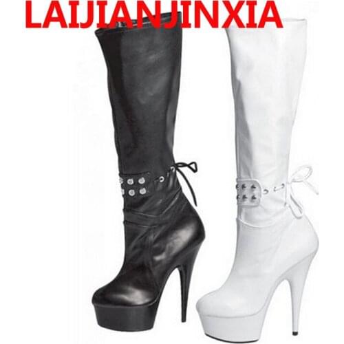 LAIJIANJINXIA Party Queen Big Size 15cm High Heels Sexy Women Boots Mid-calf Shoes Knee Boots Dance shoes