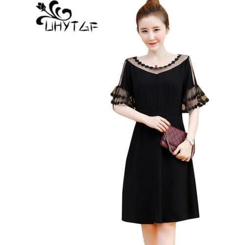 UHYTGF Fashion Thin summer dress vestidos womens Gauze Bell sleeve L-5XL Plus size dresses black Elegant female party dress 1303