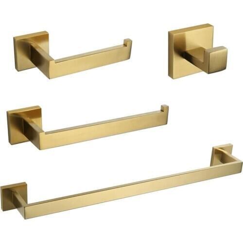 Stainless Steel 4 Pieces Bathroom Hardware Accessories Set Wall Mounted Towel Bar Set Brushed Gold Toilet Paper Holder Robe Hook