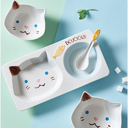 Cute Cat Kids Ceramic Dinnerware Set Includes Plate Bowl Mug Cup Soup Bowl and Spoon Set Childrens Tableware Set