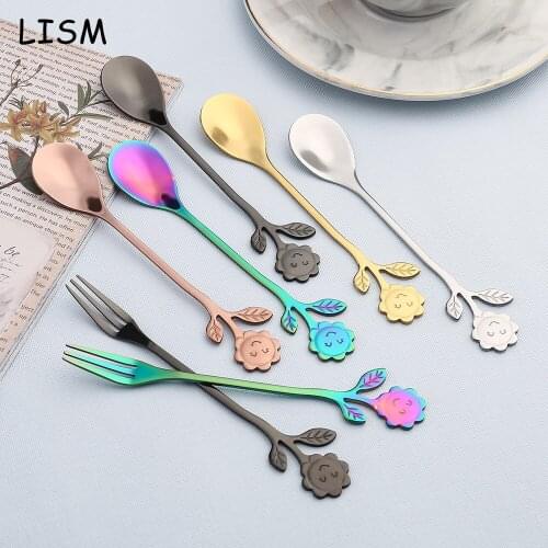 4PCS Stainless Steel Smiley Coffee Serving Spoon Fork Set Scoop Teaspoons Ice Cream Dessert Spoon Kitchen Salad Fork Cutlery Set
