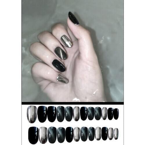 ENDRRFLLA Cat Eye False Nail Pieces Wear Nail Stickers Finished Nail Stickers Black Three Jump Color Nail Beauty Makeup 24 Pcs