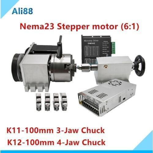 Nema 23 stepper motor (6:1) K12-100mm 4-Jaw Chuck/K11-100mm 3-Jaw Chuck CNC 4th axis A aixs rotary +tailstock for cnc router