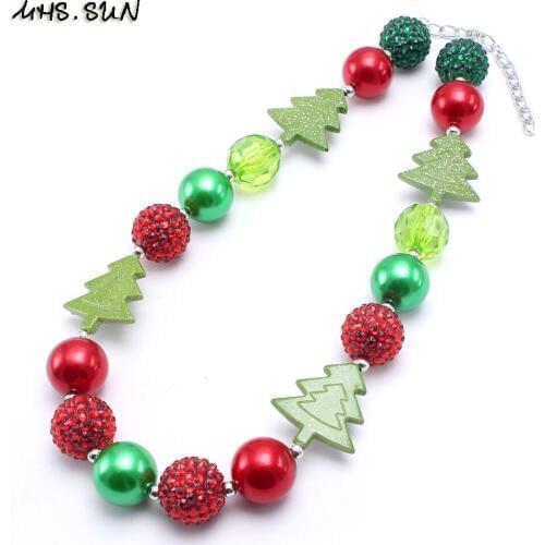 MHS.SUN 1PC Chunky Bubblegum Necklace Green+Red Beaded Baby Kids Christmas Tree Beads Necklace Handmade Jewelry For Party