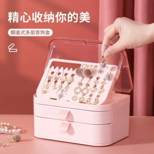 Plastic double transparent jewelry storage box flip dust earrings storage box new drawer jewelry box