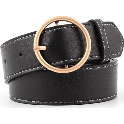 Womens fashion pu leather gold silver color buckle belt trend solid color round buckle wide waistbelt wild lady decorative belt