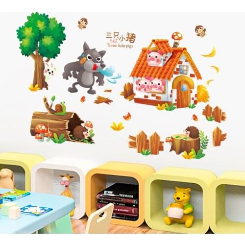 Cartoon Wolf Pig for Kids Room Nursery Decoration Self Adhesive Baby Room Wall Decoration Childrens Wallpaper Art Poster Decals