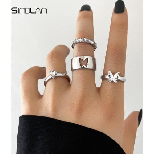 Sindlan 4Pcs Punk Butterfly Silver Color Matching Rings for Women Kpop Cute Heart Crystal Set Female Y2k Fashion Jewelry Bauge