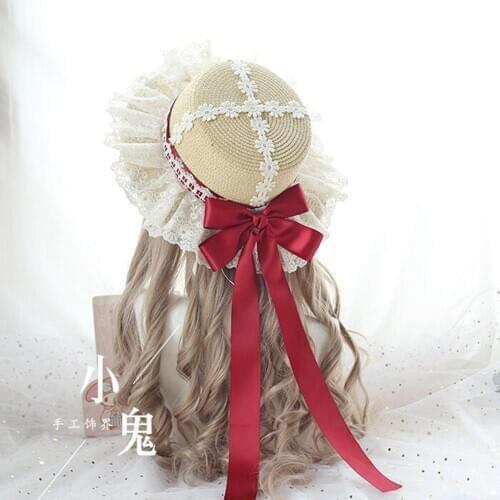 Lace Bow Sweet Lolita Straw Hat Pastoral Soft Girl Japanese Beach Straw Hat