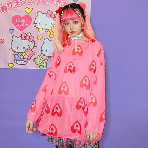 Japanese sweet love rainbow perspective mesh loose round neck long sleeve top T-shirt sunscreen t-shirts tees