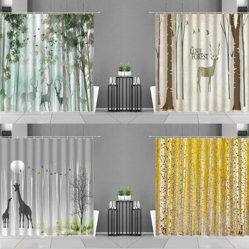 Hand-Painted Cartoon Animals Shower Curtain Woods Elk Nordic Minimalist Fashion Bathroom Screens Bath Curtains Home Decoration