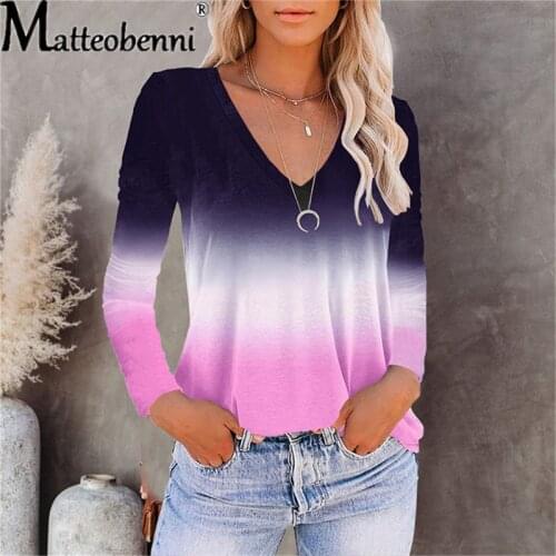 2021 Spring And Autumn Womens New Fashion Gradient Color Casual Plus Size Loose V-Neck Tie-Dye Long-Sleeve Street T-Shirt Tops