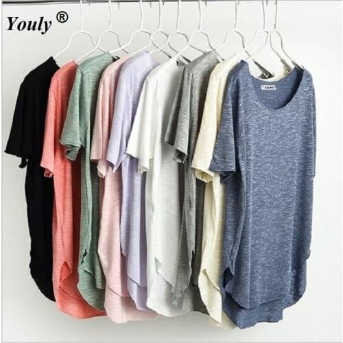 Solid Modal T-shirt Top 2020 Summer Female Short Sleeve T-shirt Women O Neck Bat Sleeve Casual Loose Big Size Asymmetric Tees