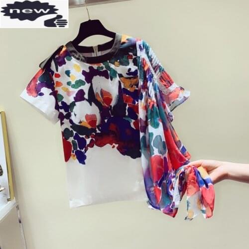 Fashion Graffiti Printed 2021 Summer New Cotton Casual Ladies T Shirt Asymmetric Patchwork Short-sleeve Tops Women