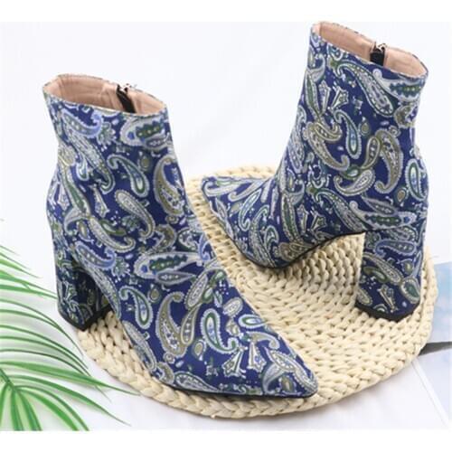 2020 Mixed Color Flock Pointed Toe Autumn Winter Women Shoes Fashion Thick High Heel Slip on Ankle Boots 9CM Big Size 34-43