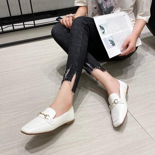 2021 Newest Women Flat Leather Sneakers SquareToe Slip On Penny Flats Casual Brogues Ladies Spring Summer Gladiator Woman Shoes
