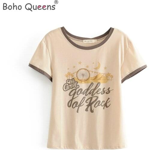 Boho hippie Women star and moon printed tops t-shirt ladies short sleeve patchwork color cotton couple t-shirts