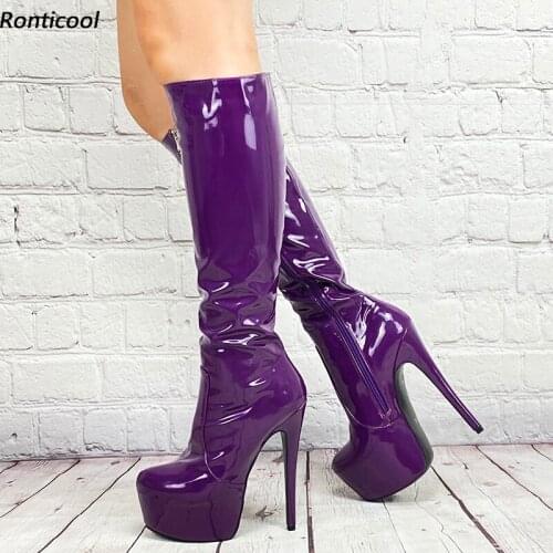 Ronticool Women Winter Knee Boots Glossy Sexy Stiletto Heels Round Toe Purple Blue Burgundy Night Club Shoes Plus Size 35-52