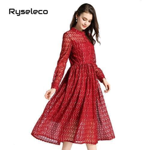Spring Autumn New Women Lace Dresses Floral Crochet Hollow Out Vestidos Long Sleeve Casual Slim Office Party Pleated Flare Dress