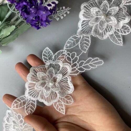 10x White Lace Pearl Trim Ribbon 3D Floral Beaded Flower Embroidered Applique Patches Dress Fabric Sewing Craft Vintage 10cm New