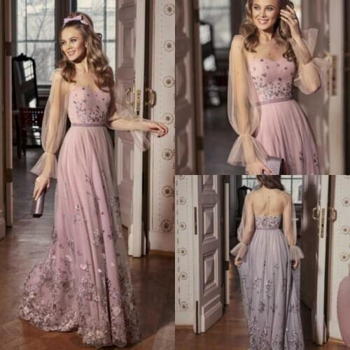 2020 Evening Dresses Long Sleeves Lace Appliques Prom Gowns Button Back Floor Length A Line Special Occasion Dress