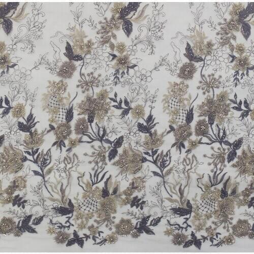 2021 champagne embroidered beaded lace fabric with pearls for wedding dress HY1265-3