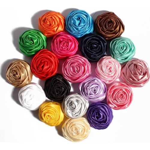 50pcs/lot 5CM 20Colors Novelty Artificial Soft Satins Ribbon Rolled Rose Fabric Flowers For Headbands Children Hair Accessories