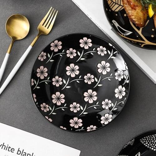 8 inch Colorful Flower Dinner Plate Under-glazed Ceramic Dinner Dishes Dessert Tray Flower Leaves Dinnerware Microwave Safe