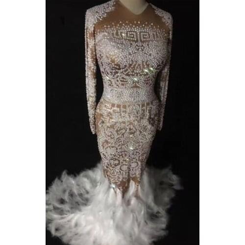 Sparkly Rhinestones Feather Nude Dress Sexy Nightclub Full Stones Long Big Tail Dress Costume Prom Birthday Celebrate Dresses