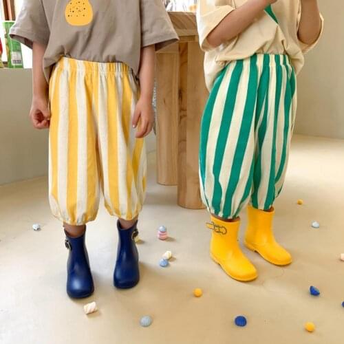 Pants Vertical Stripes Loose Kids Boys Elastic Waist Beam Feet Trousers Kids Lantern Shape Casual Bloomers Children Trouser
