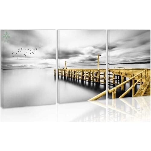 Black And White Yellow Bridge Landscape Modern Artwork Canvas Painting Prints Pictures Home Decor For Living Room Bedroom