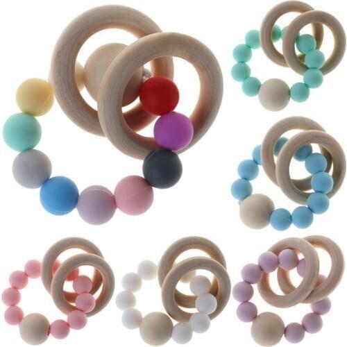 Newborn Baby Beads Teether Bracelet Teething Toys Chew Bite Teeth Care Jewelry Pain Relief Silicone Wood Rings Infant Supplies