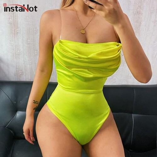 InstaHot Satin Sexy Women Bodysuit Tube Top Strapless Streetwear Party Clubwear 2021 Summer Slim Pile Up Collar Ruched Rompers