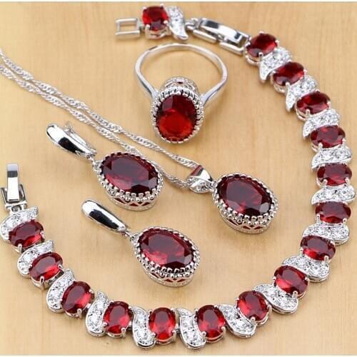 Natural 925 Silver Jewelry Red Birthstone Charm Jewelry Sets Women Earrings/Pendant/Necklace/Ring/Bracelets T055