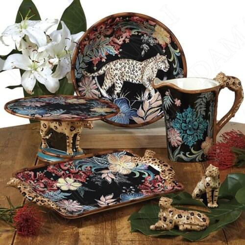 Creativity Ceramic Plate Painted Jungle Leopard Fruit Salad Dishes Living Room Binaural Fruit Plates European Kitchen Tableware