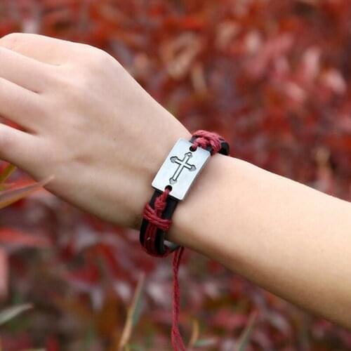 Fashionable Men Women Cross Leather Bracelet Various Styles Hand Made Leather Bracelet With Hemp Rope Retro Bracelets Jewelry