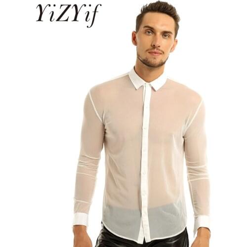 Men See Through Mesh Shirt Transparent Long Sleeve Lapel Collar Sexy Party Nightclub Shirts Tops Fashion Blouse Streetwear 2021